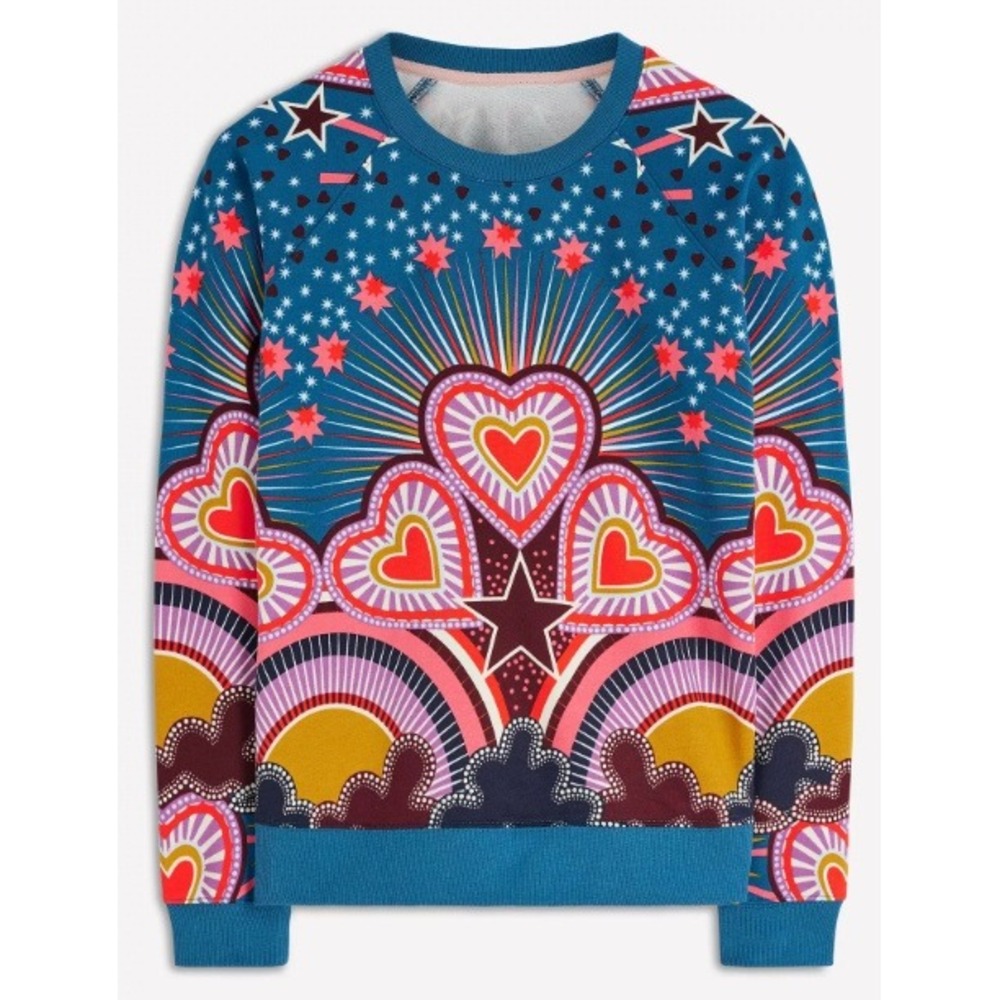Boden Blue Rose Cotton Printed Funky Heart Star Print Pullover Sweatshirt Size M
